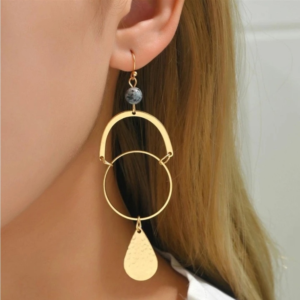 Geometric Gold Metal & Stone Statement Earrings